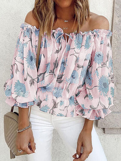 Light Gray Floral Off-Shoulder Flounce Sleeve Blouse Sentient Beauty Fashions Apparel &amp; Accessories