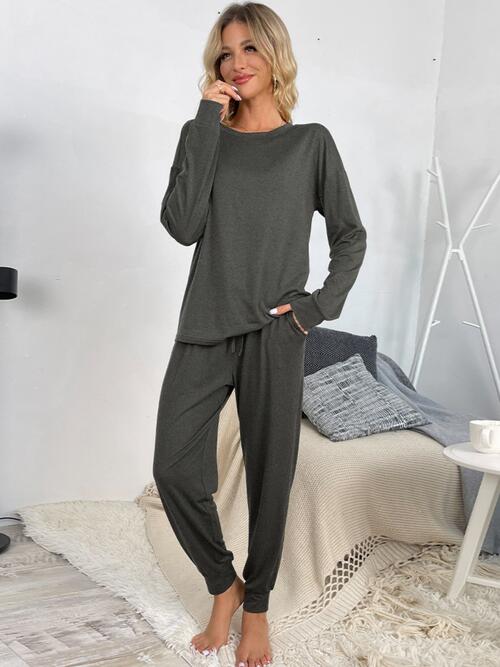 Light Gray Round Neck Top and Drawstring Pants Lounge Set Sentient Beauty Fashions Apparel &amp; Accessories