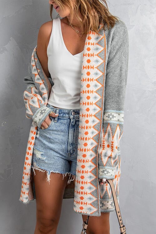 Gray Geometric Open Front Long Sleeve Cardigan