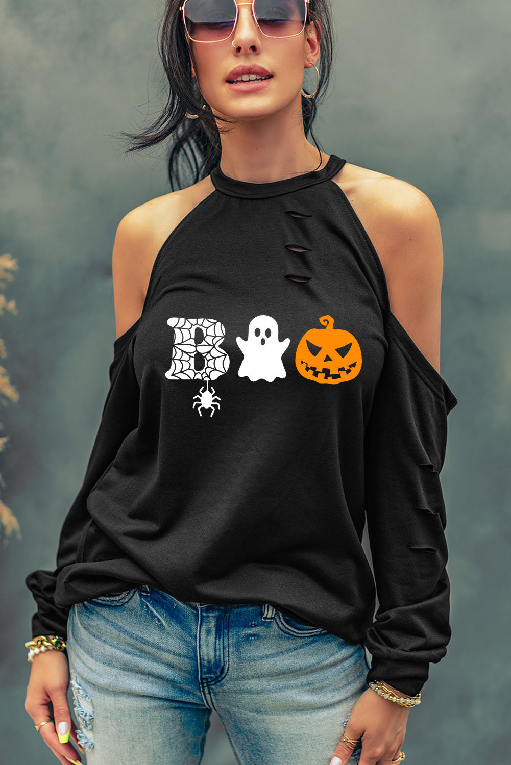 Dark Slate Gray Cold Shoulder Boo Graphic Distressed Blouse Sentient Beauty Fashions Apparel & Accessories