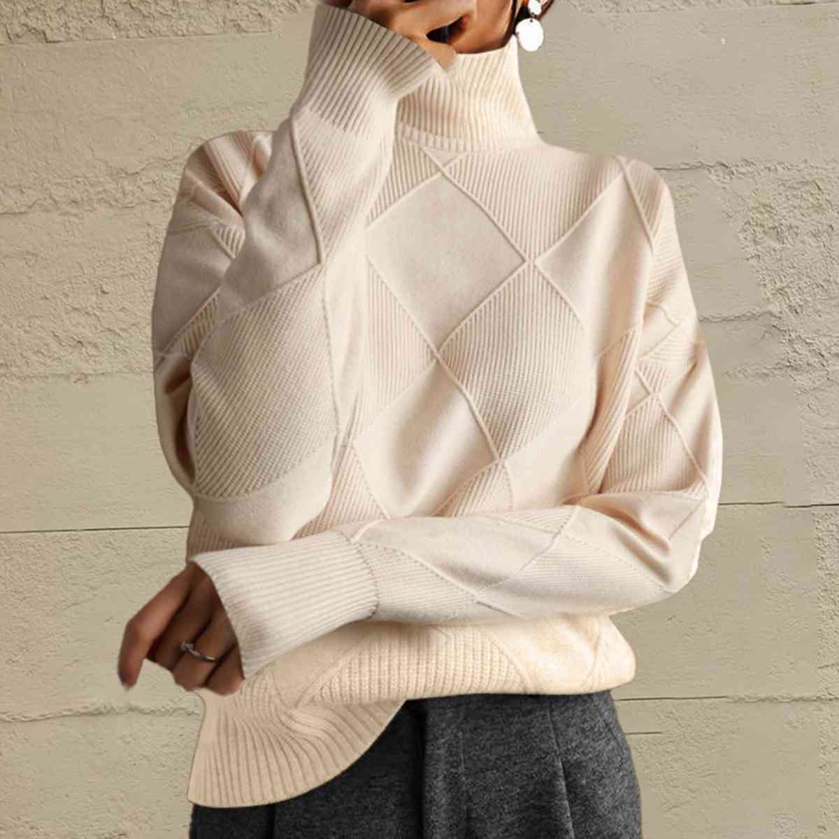 Tan Geometric Turtleneck Long Sleeve Sweater Sentient Beauty Fashions Tops