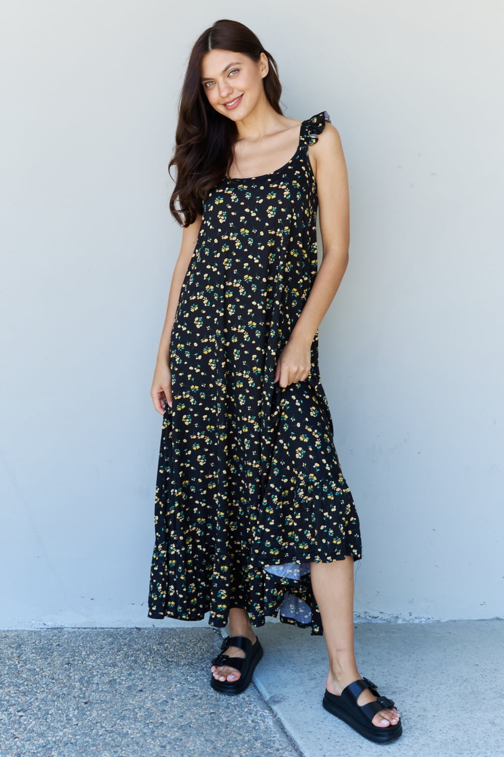 Light Steel Blue Doublju In The Garden Ruffle Floral Maxi Dress in  Black Yellow Floral Sentient Beauty Fashions Apparel & Accessories