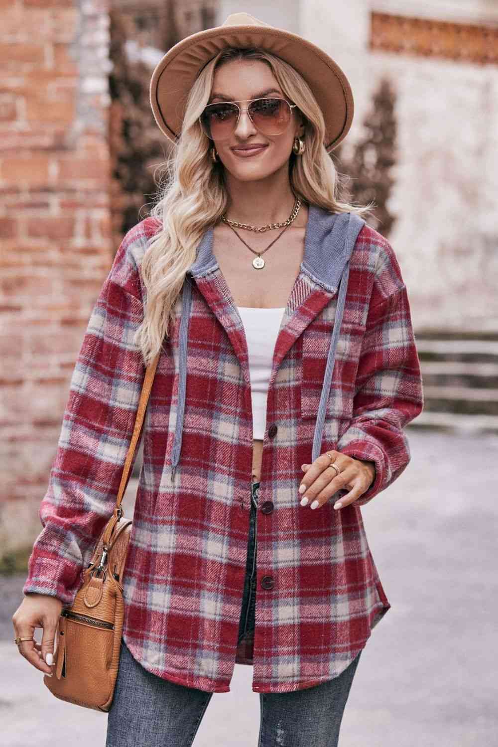 Rosy Brown Plaid Dropped Shoulder Hooded Longline Jacket Sentient Beauty Fashions Apparel & Accessories