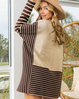 Light Gray BiBi Striped Contrast Long Sleeve Slit Top