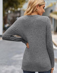 Dim Gray Ribbed Half Button Long Sleeve Knit Top