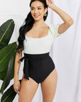 Black Marina West Swim Salty Air Puff Sleeve One-Piece in Cream/Black Sentient Beauty Fashions Apparel & Accessories