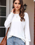 Gray Round Neck Smocked Long Sleeve Blouse Sentient Beauty Fashions Apparel & Accessories