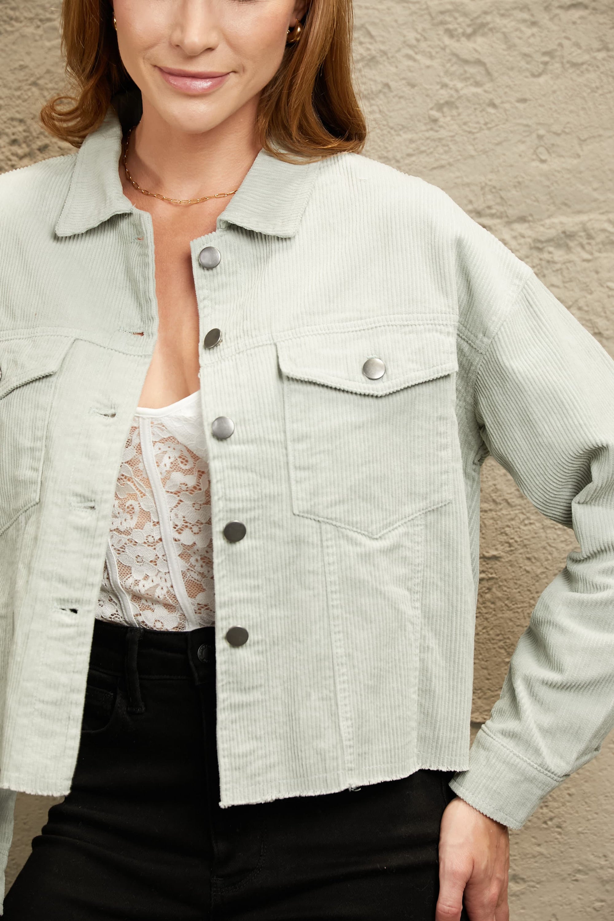 Light Gray Double Take Raw Hem Button Down Corduroy Jacket with Pockets Sentient Beauty Fashions Apparel & Accessories