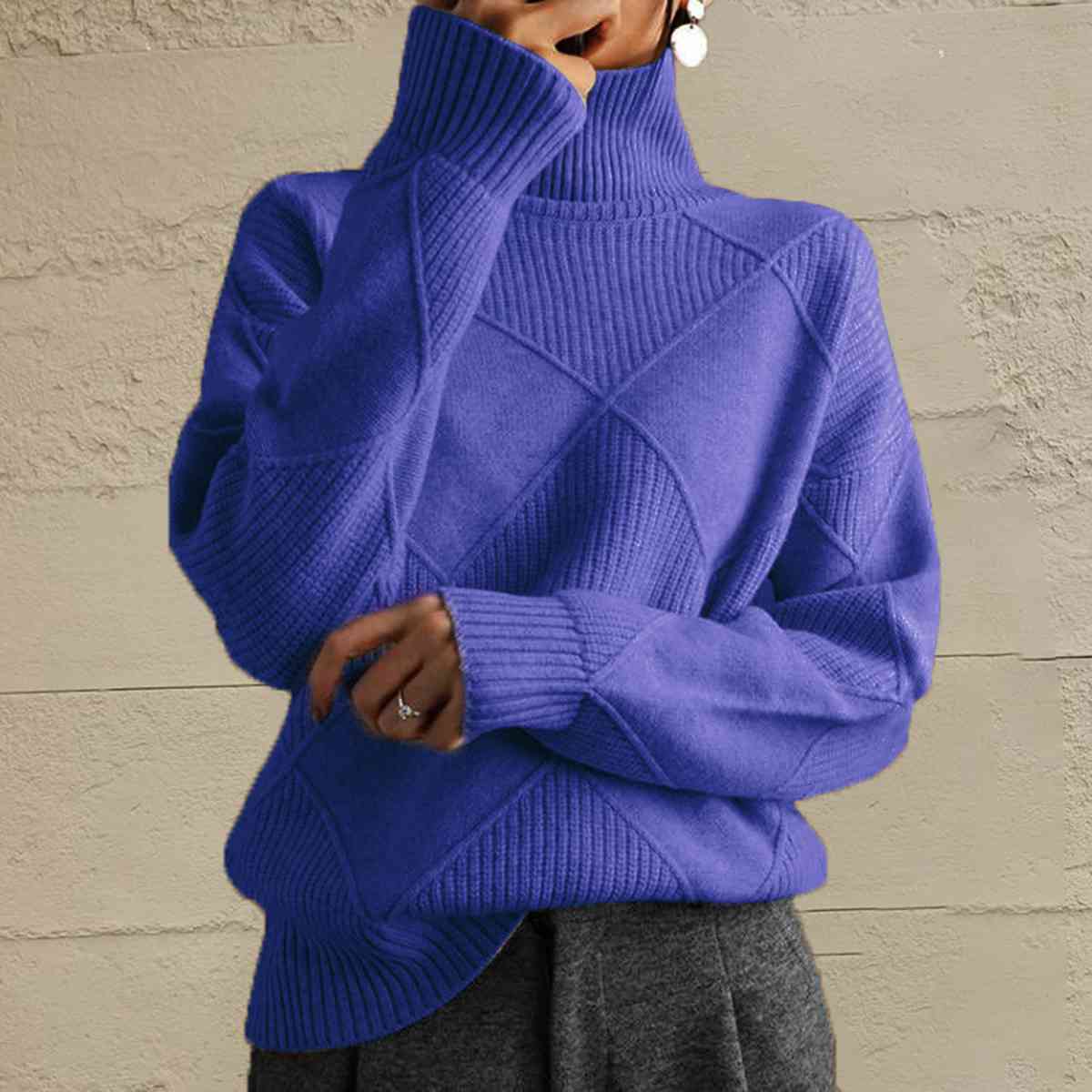 Dark Gray Geometric Turtleneck Long Sleeve Sweater