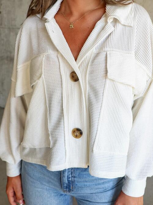 Light Gray Ribbed Collared Neck Button Up Jacket Sentient Beauty Fashions Apparel &amp; Accessories