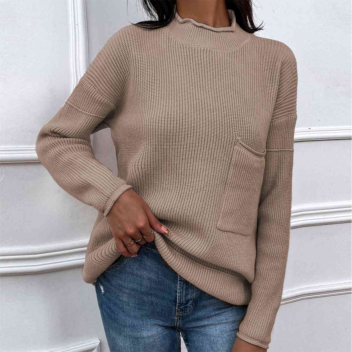Gray Dropped Shoulder Sweater with Pocket