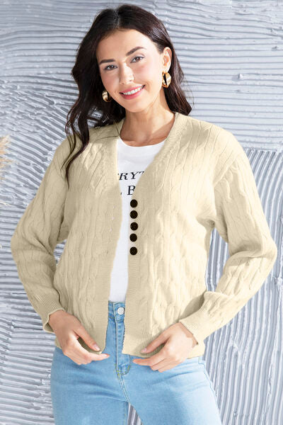 Light Gray Cable-Knit Button Up Dropped Shoulder Cardigan Sentient Beauty Fashions Apparel &amp; Accessories
