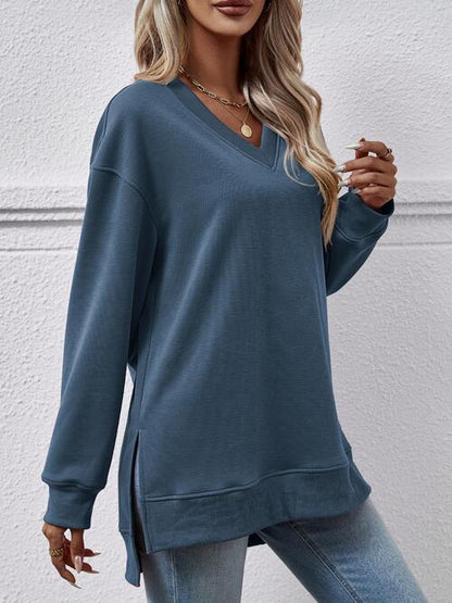 Light Gray V-Neck Slit Long Sleeve Sweatshirt