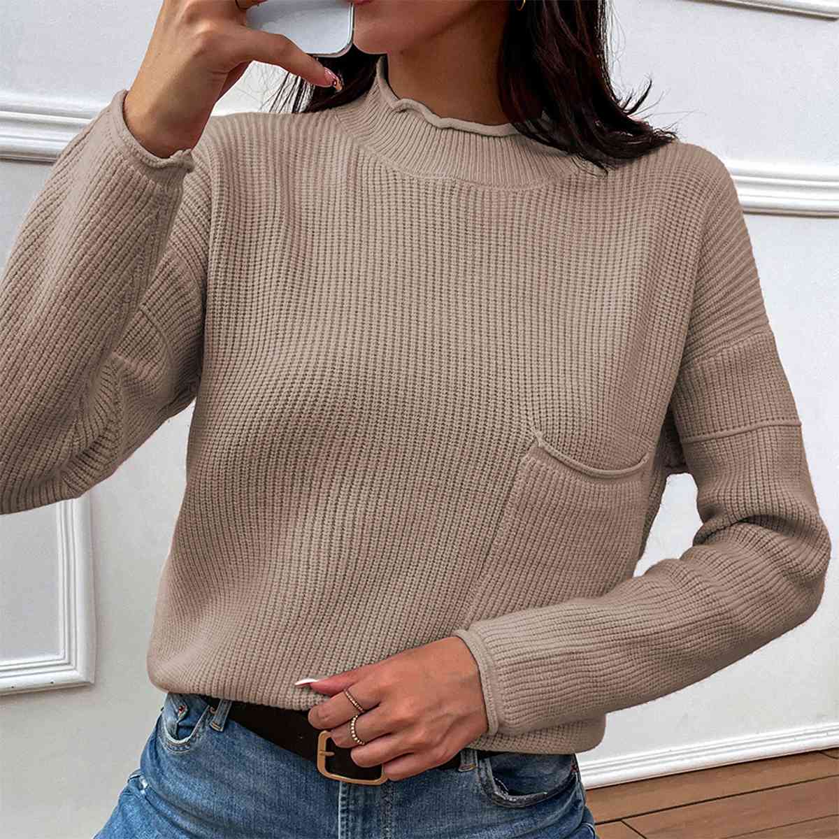 Rosy Brown Dropped Shoulder Sweater with Pocket