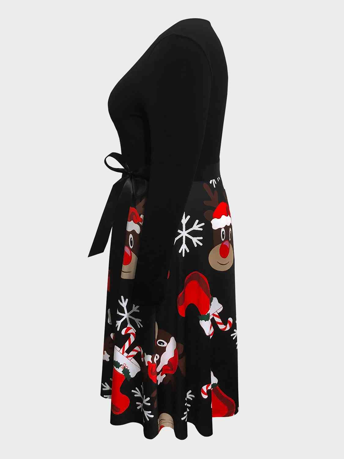 Black Plus Size Printed Tie Front Round Neck Dress