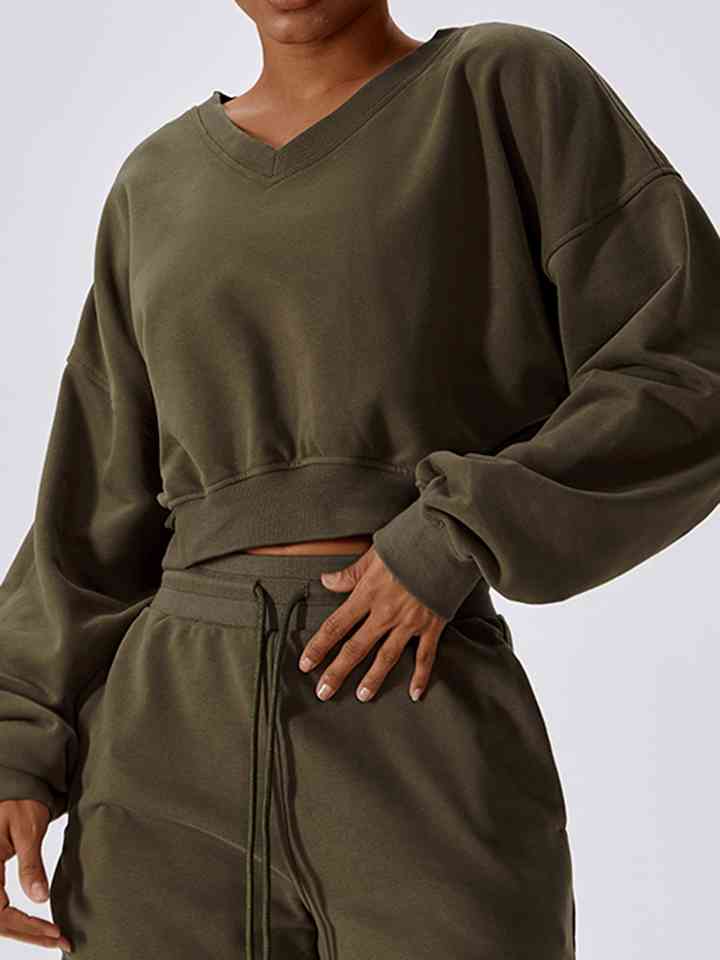 Dark Slate Gray V-Neck Dropped Shoulder Sports Sweatshirt Sentient Beauty Fashions Apparel &amp; Accessories