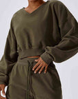 Dark Slate Gray V-Neck Dropped Shoulder Sports Sweatshirt Sentient Beauty Fashions Apparel & Accessories
