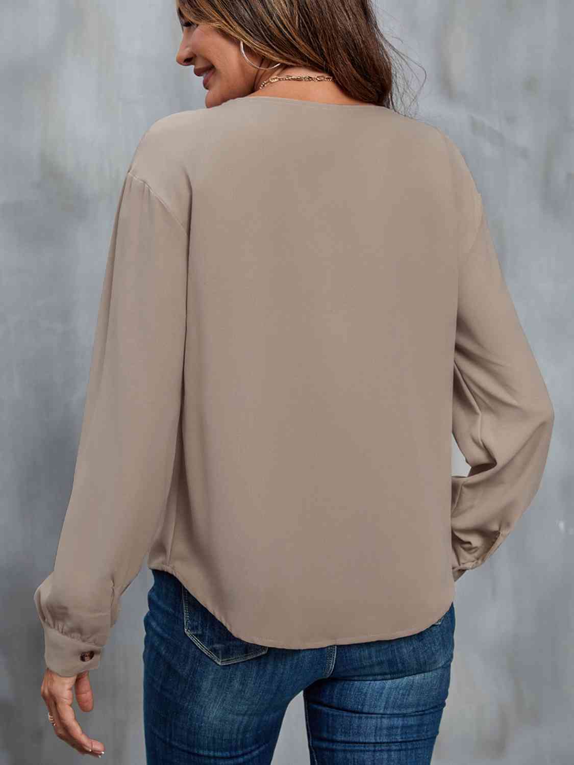 Light Slate Gray Asymmetrical Neck Buttoned Long Sleeve Top Sentient Beauty Fashions Apparel & Accessories