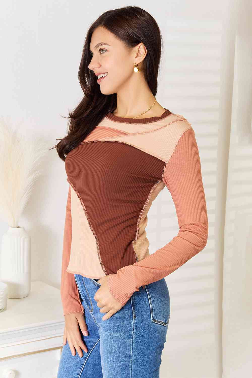 Light Gray Double Take Color Block Exposed Seam Long Sleeve Top