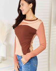 Light Gray Double Take Color Block Exposed Seam Long Sleeve Top