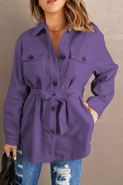 Dim Gray Button Up Tie-Waist Jacket with Pockets Sentient Beauty Fashions Apparel & Accessories