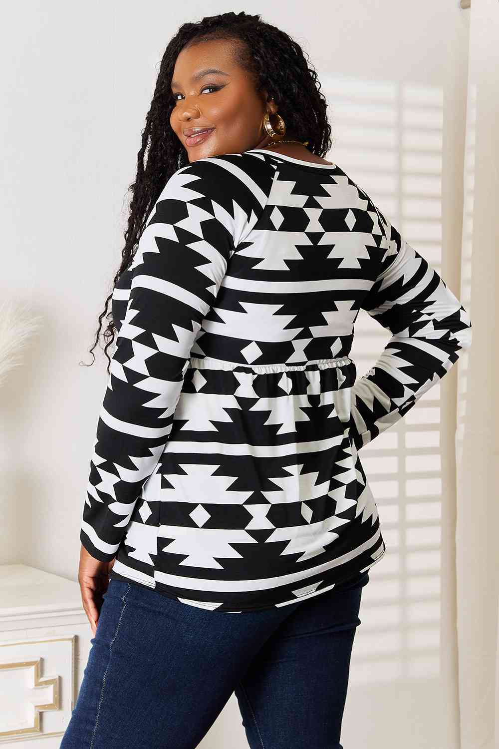 Black Heimish Full Size Geometric Notched Neck Long Sleeve Top Sentient Beauty Fashions Apparel &amp; Accessories