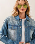 Light Gray BiBi Pearl Detail Distressed Cropped Denim Jacket Sentient Beauty Fashions Apparel & Accessories