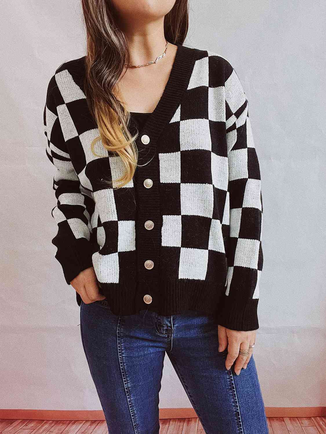 Black Checkered Open Front Button Up Cardigan