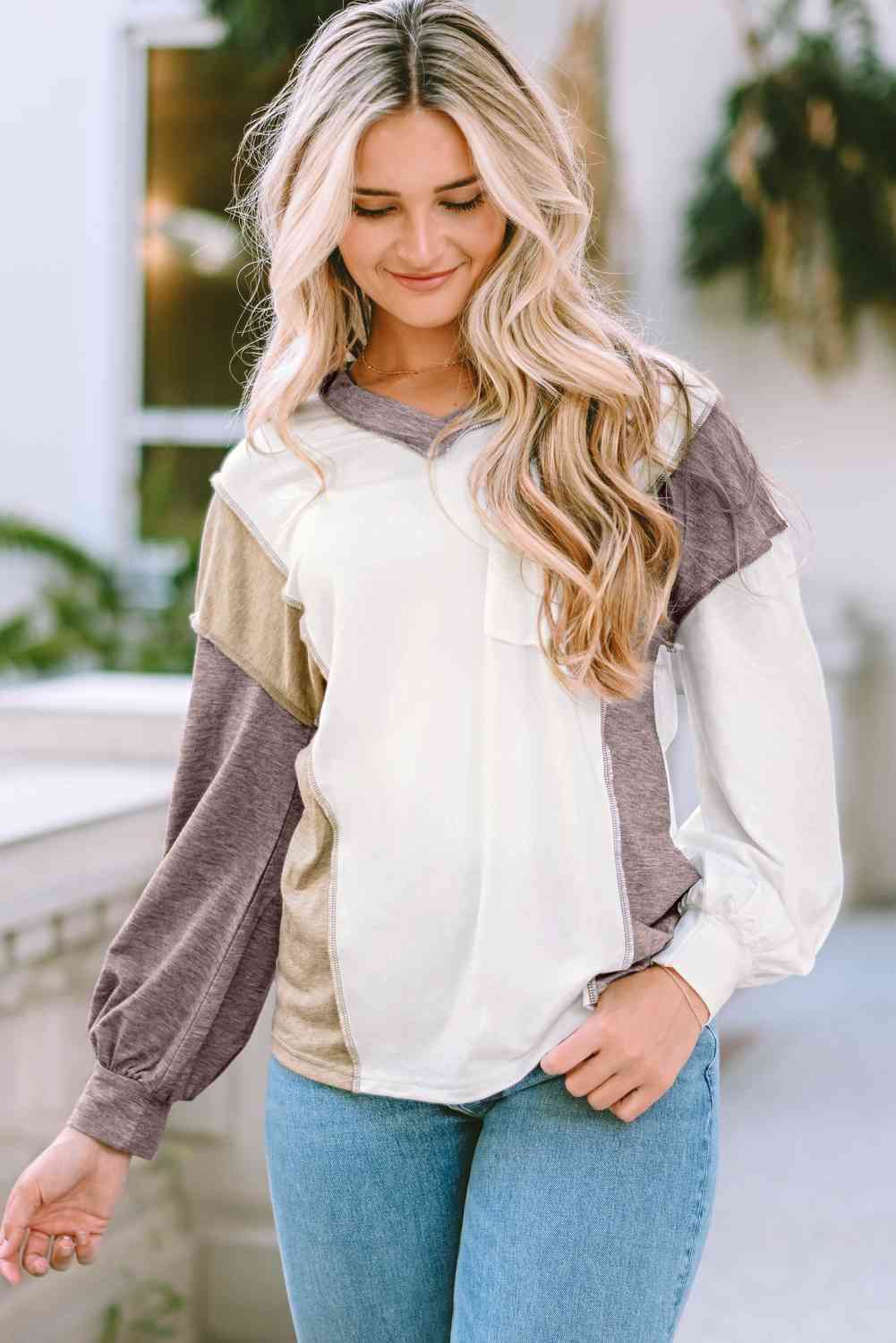 Gray Color Block Exposed Seam Blouse