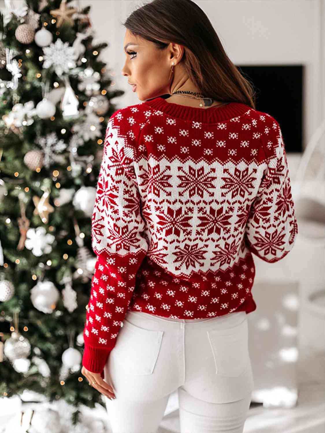 Gray Snowflake Round Neck Long Sleeve Sweater
