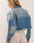 Light Gray BiBi Pearl Detail Distressed Cropped Denim Jacket Sentient Beauty Fashions Apparel & Accessories
