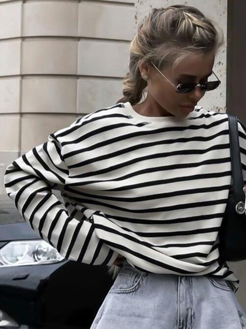 Dark Gray Striped Round Neck Long Sleeve T-Shirt Sentient Beauty Fashions Apparel &amp; Accessories