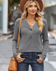 Light Slate Gray Ribbed Half Button Long Sleeve Knit Top