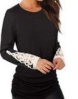 Tan Lace Detail Long Sleeve Round Neck T-Shirt Sentient Beauty Fashions Apparel & Accessories
