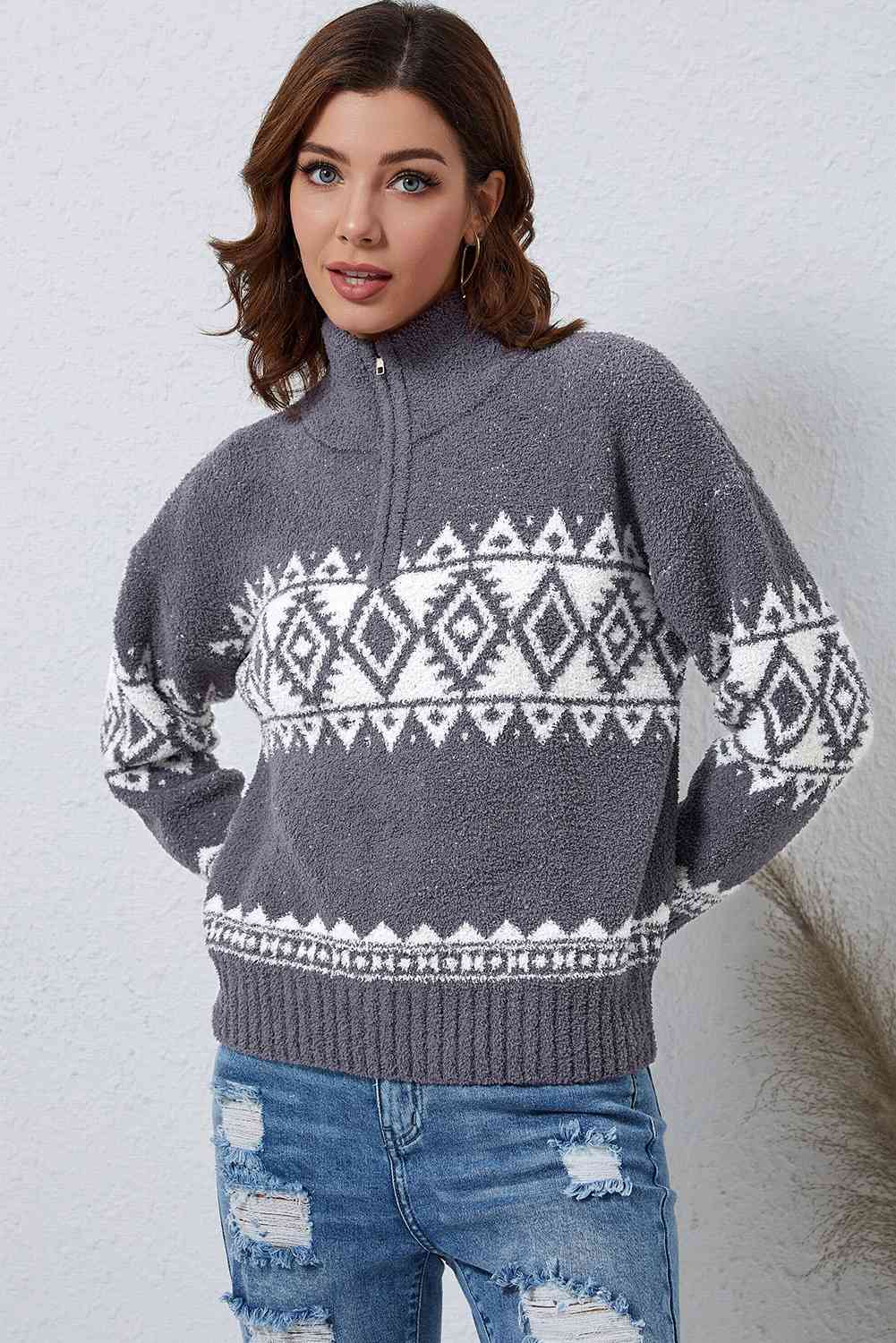 Light Gray Zip-Up Geometrical Pattern Pullover Sweater Sentient Beauty Fashions Apparel &amp; Accessories