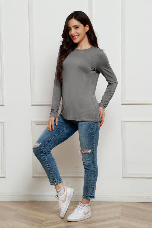 Light Gray Basic Bae Full Size Round Neck Long Sleeve Top Sentient Beauty Fashions Apparel &amp; Accessories