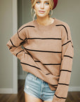 Rosy Brown Striped Round Neck Dropped Shoulder Sweater Sentient Beauty Fashions Apparel & Accessories