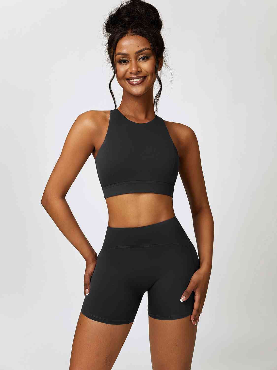 Light Gray Cutout Cropped Sport Tank and Shorts Set Sentient Beauty Fashions Apparel &amp; Accessories