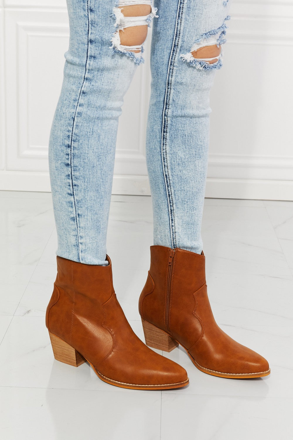 Light Gray MMShoes Watertower Town Faux Leather Western Ankle Boots in Ochre
