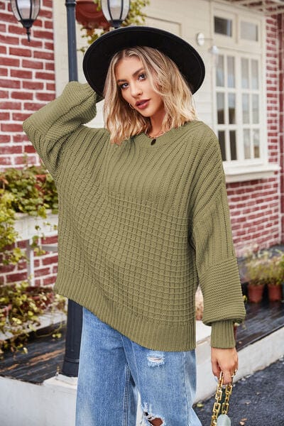 Dim Gray Ribbed Drop Shoulder Lantern Sleeve Sweater