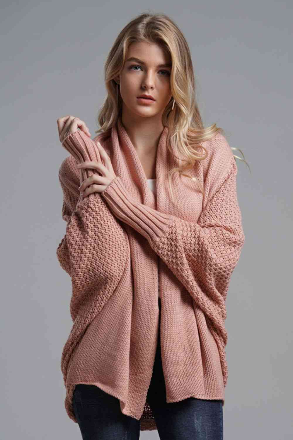 Rosy Brown Double Take Dolman Sleeve Open Front Ribbed Trim Longline Cardigan Sentient Beauty Fashions Apparel &amp; Accessories