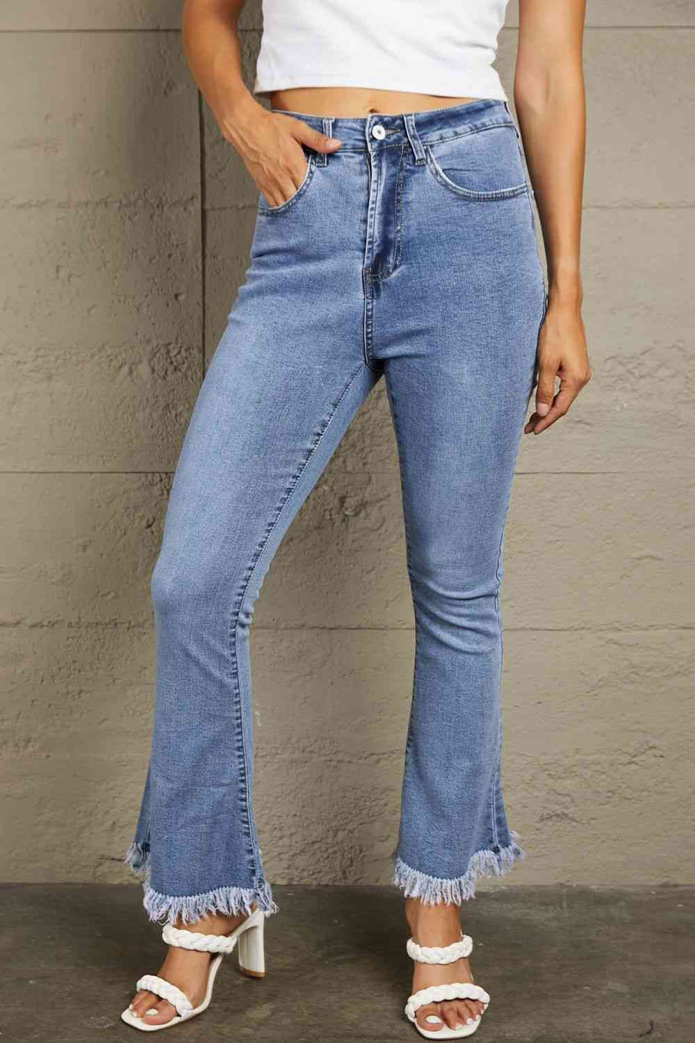 Slate Gray Baeful Frayed Hem Flare Jeans Sentient Beauty Fashions Apparel & Accessories