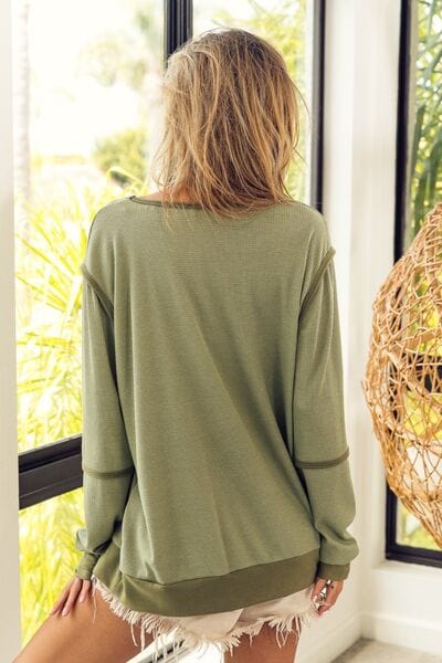 Dark Khaki BiBi Waffle Knit Contrast Trim Long Sleeve T-Shirt