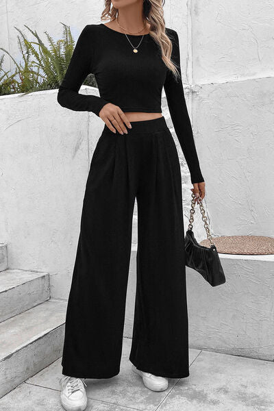 Black Ribbed Round Neck Top and Wide-Leg Pants Set Sentient Beauty Fashions Apparel &amp; Accessories