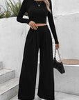 Black Ribbed Round Neck Top and Wide-Leg Pants Set Sentient Beauty Fashions Apparel & Accessories