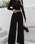 Black Ribbed Round Neck Top and Wide-Leg Pants Set