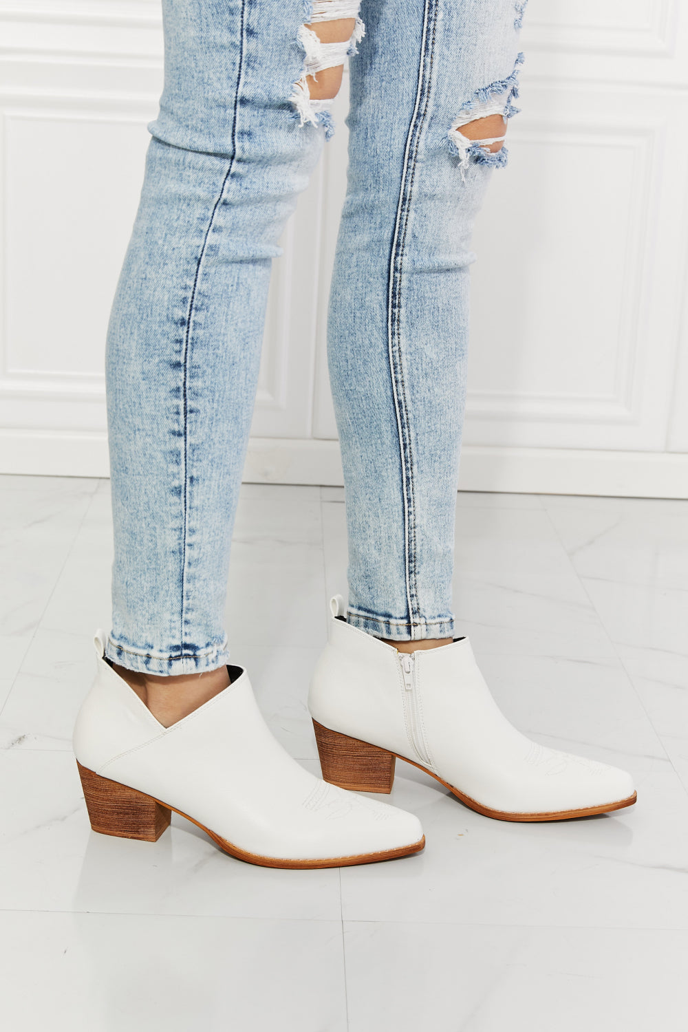 Light Gray MMShoes Trust Yourself Embroidered Crossover Cowboy Bootie in White