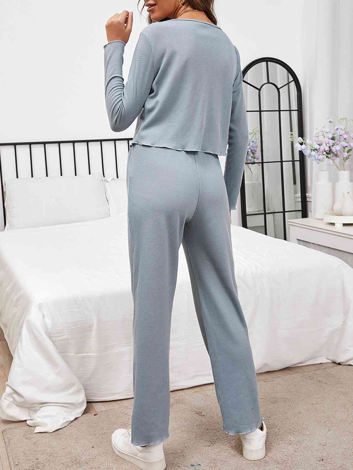 Light Gray Button Front Long Sleeve Top and Pants Lounge Set Sentient Beauty Fashions Apparel &amp; Accessories