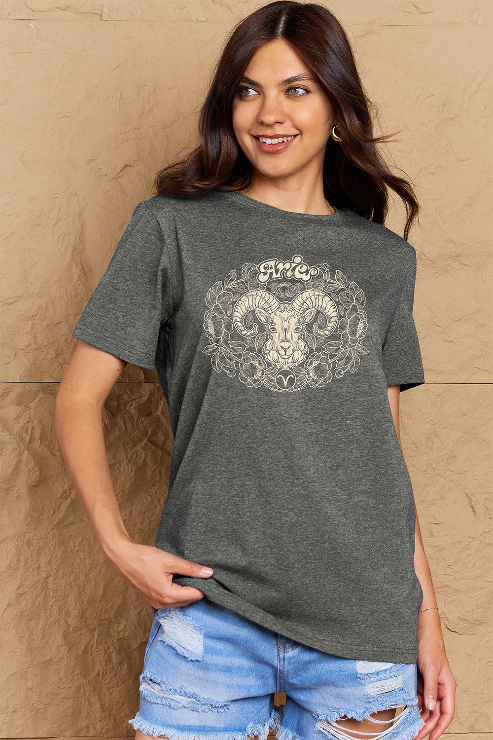 Rosy Brown Simply Love Full Size ARIES Graphic T-Shirt
