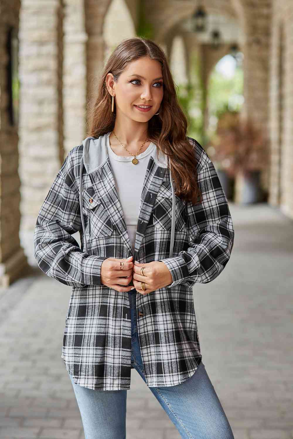 Rosy Brown Plaid Long Sleeve Hooded Jacket Sentient Beauty Fashions Apparel & Accessories